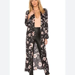 MISA Los Angeles Malini Floral kimono duster robe satin black pom pom trim Small